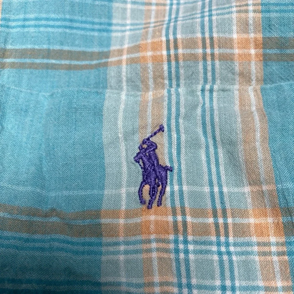 Polo by Ralph Lauren Caldwell Madras Camp Shirt XL Loop Collar Blue Orange Plaid